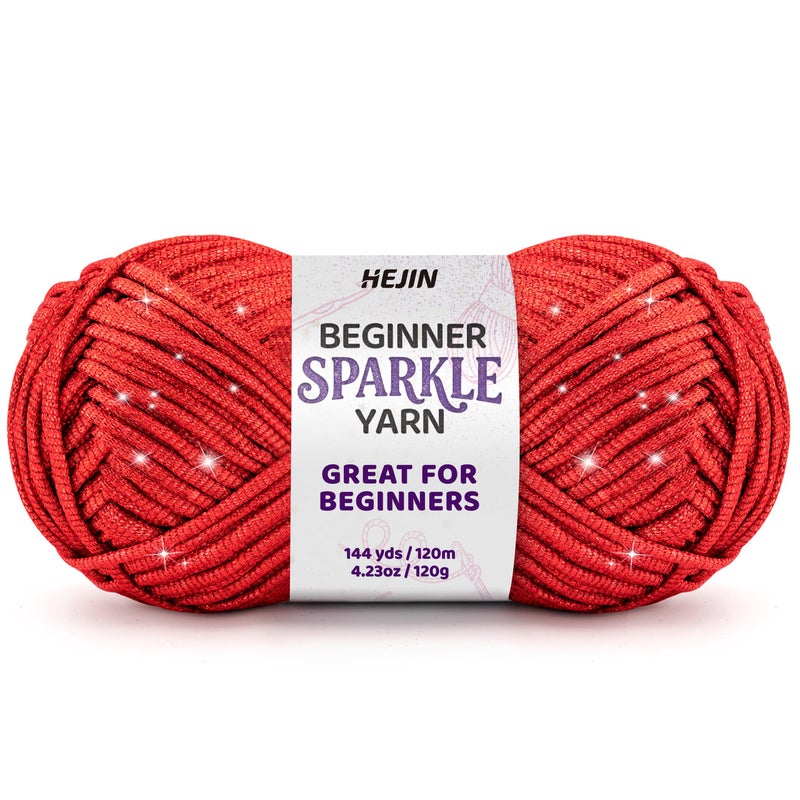 HEJIN 120g Red Sparkle Yarn for Crocheting and Knitting; 120m(144yds) for Beginners with Easy-to-See Stitches; Worsted-Weight Medium #4; Yarn for Beginners Crochet Kit Making - Image 1