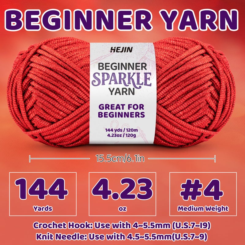 HEJIN 120g Red Sparkle Yarn for Crocheting and Knitting; 120m(144yds) for Beginners with Easy-to-See Stitches; Worsted-Weight Medium #4; Yarn for Beginners Crochet Kit Making - Image 2