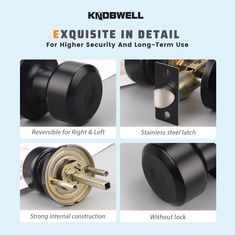 Knobwell 5 حزمة ماتي الأسود خزانة مقابض الأبواب مرور مقبض الباب مجموعة مقابض الأبواب الداخلية المدخل / خزانة مقبض الباب بدون مفتاح - Image 5