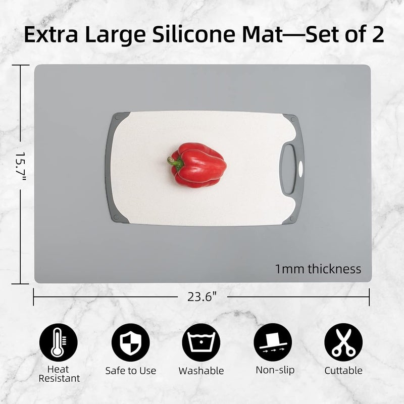 Treerit 2 Pack Silicone Mats for Kitchen Counter, 23.62" x 15.75" Thick Large Silicone Mat, Nonskid Heat Resistant Countertop Protector, Easy to Clean, Gray - Image 2