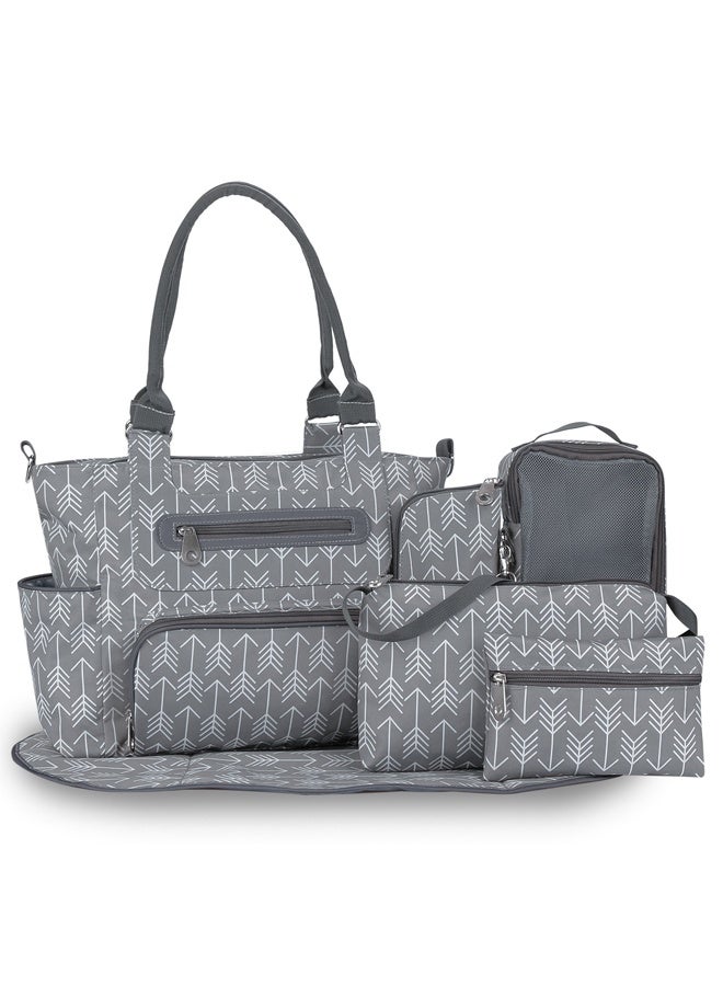 6-Piece Melange Grey Baby Diaper Bag Set - with Stroller Hooks, Nappy Changing Mat & Waterproof Wet/Dry Pouch - Multifunctional Mummy Bag for Travel, Beach, Shopping - Includes Cosmetic Case, Insulated Bottle Holder Organizer Pockets - Durable Oxford Fabric, Lightweight & Easy to Clean  - Image 1