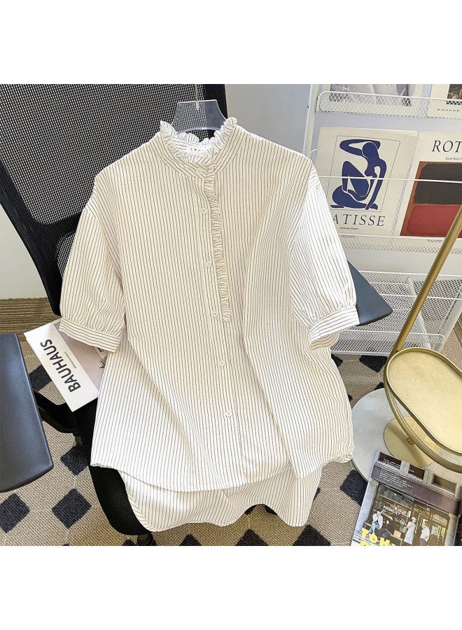 TonLion Simple Sweet Lace Blouse Women's High-end Light Luxury Youthful Stylish Short-sleeved Striped Doll Top Trendy - Image 2