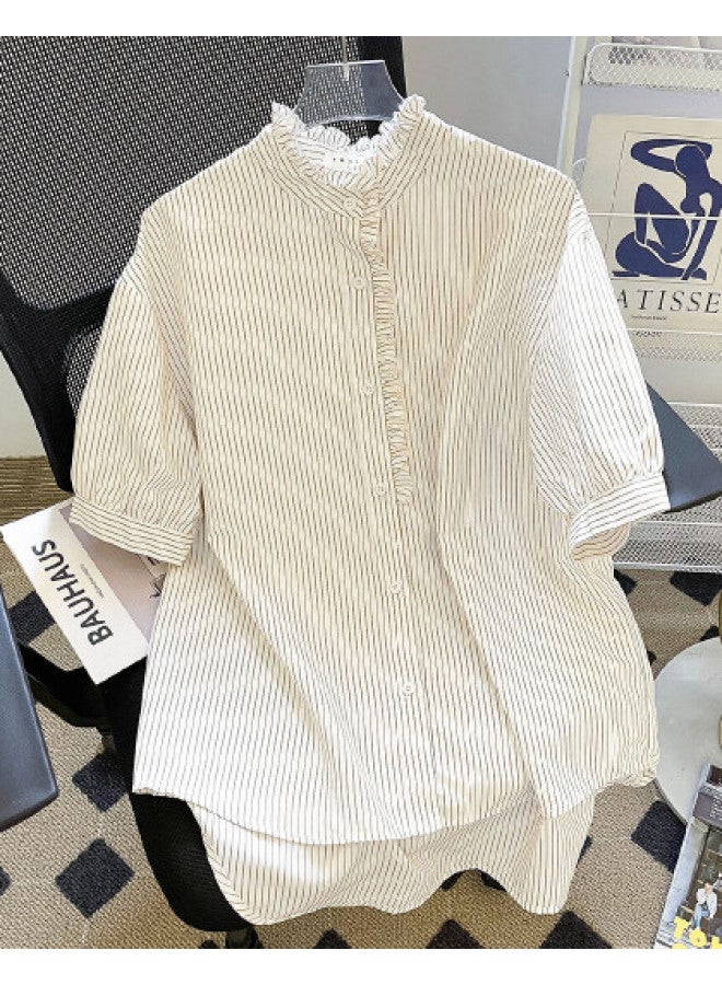 TonLion Simple Sweet Lace Blouse Women's High-end Light Luxury Youthful Stylish Short-sleeved Striped Doll Top Trendy - Image 1
