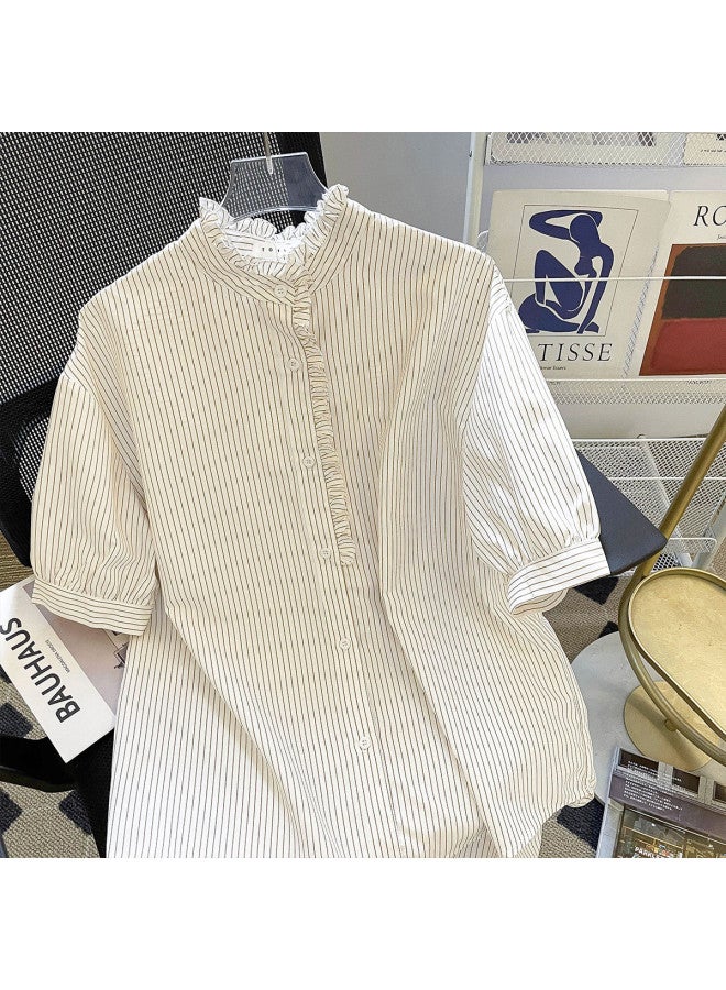 TonLion Simple Sweet Lace Blouse Women's High-end Light Luxury Youthful Stylish Short-sleeved Striped Doll Top Trendy - Image 4