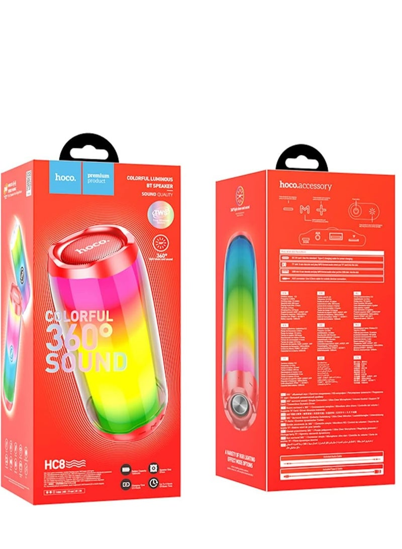 هوكو HC8 - مكبر صوت لاسلكي مضيء نابض بلوتوث V5.0، سعة البطارية: 1800mAh، وقت تشغيل الموسيقى حتى: 4 ساعات، يدعم بلوتوث، اف ام، بطاقة تي اف، قرص يو، AUX، TWS - احمر - Image 5