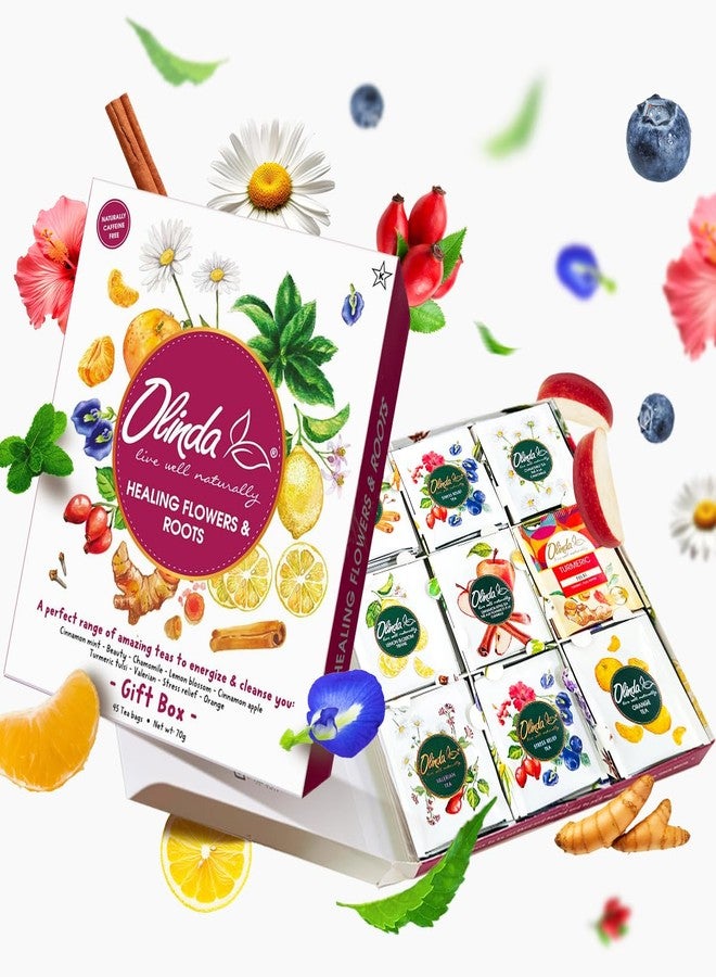 Olinda Healing Flowers & Roots Gift Box - Natural Caffeine Free Organic Herbal Tea Sampler Gift Set - Premium 9 Variety Individually Wrapped 45 Tea Bags - Image 1