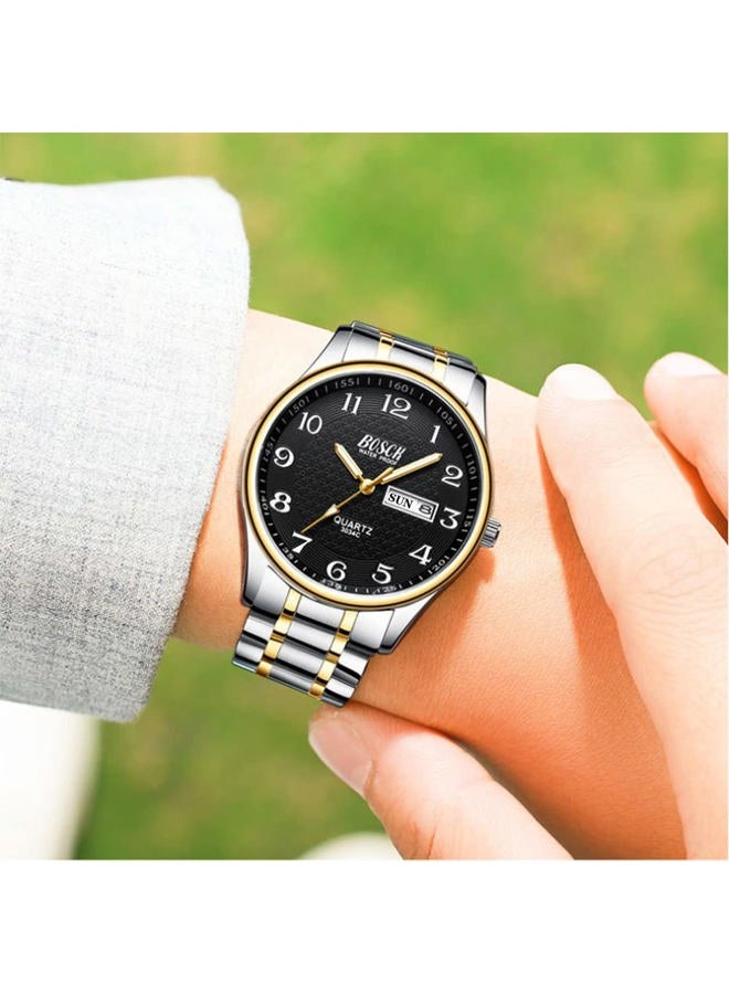 Bosck Mens Analog Watch,Stainless Steel Waterproof Fashion Wrist Watch for Men,Auto Date and Day Watch Gold-silver? - Image 3