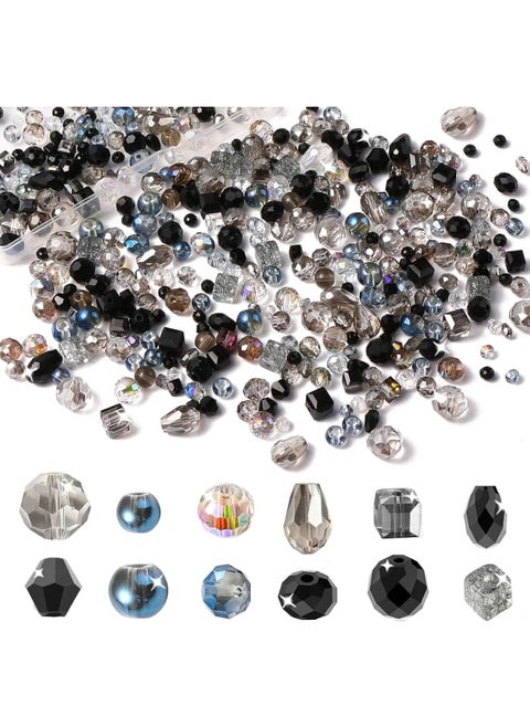 AB Gradient Crystal Beads Set Cube Crystal Loose Beads Spacer Beads Vertical Hole Crystal Beads Various Shapes Glass Beads with Container Box (Mix Size, Black)