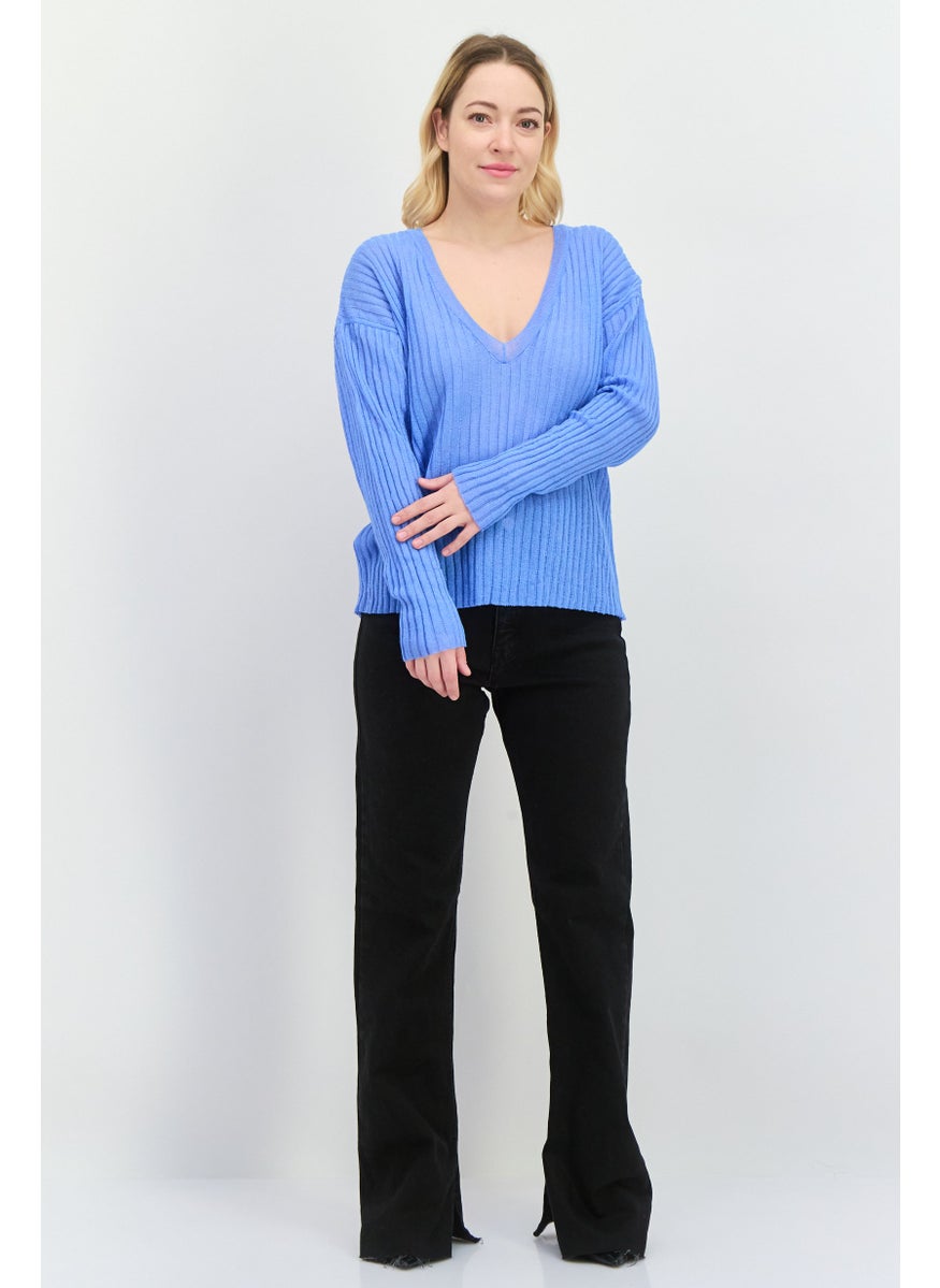 MANGO Women V-Neck Knitted Sweater, Blue  - Image 4