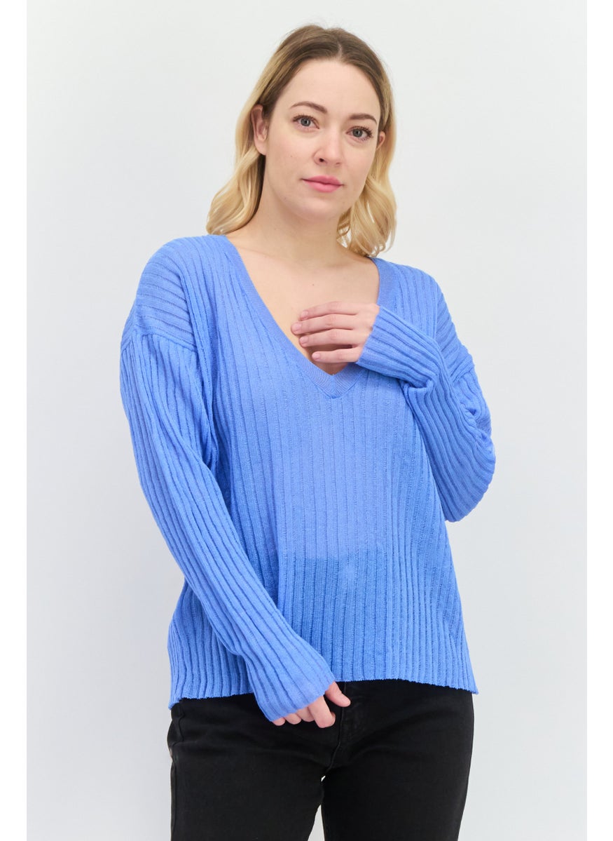 MANGO Women V-Neck Knitted Sweater, Blue  - Image 1