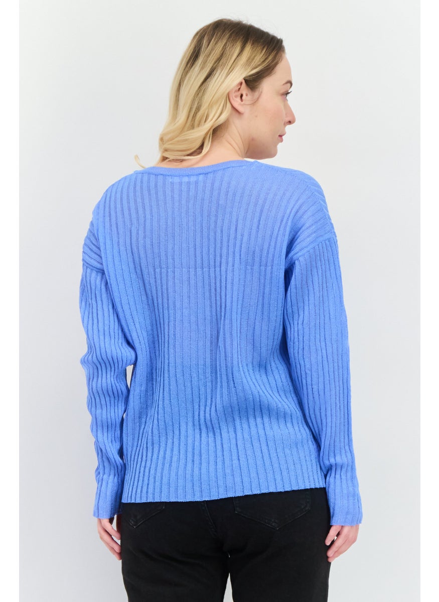 MANGO Women V-Neck Knitted Sweater, Blue  - Image 3