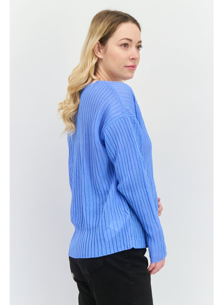 MANGO Women V-Neck Knitted Sweater, Blue  - Image 2