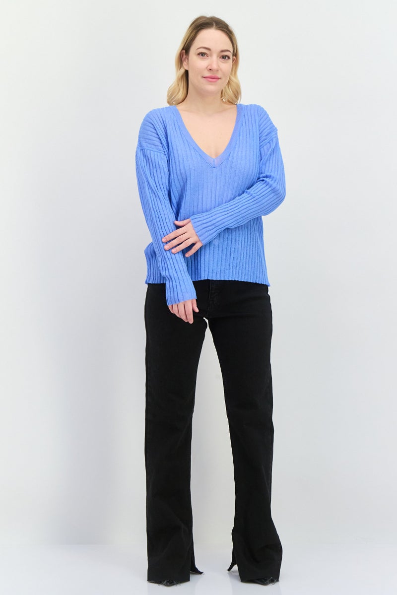 MANGO Women V-Neck Knitted Sweater, Blue - Image 4