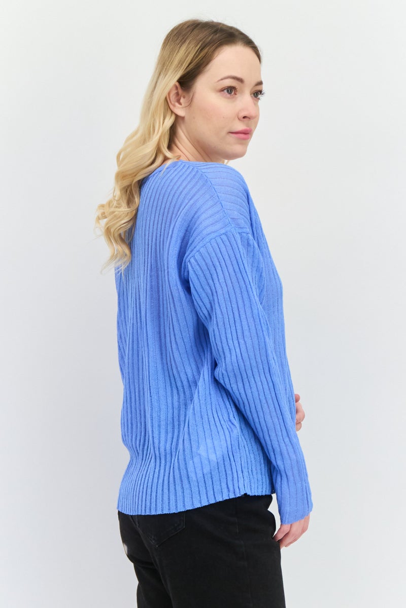 MANGO Women V-Neck Knitted Sweater, Blue - Image 2