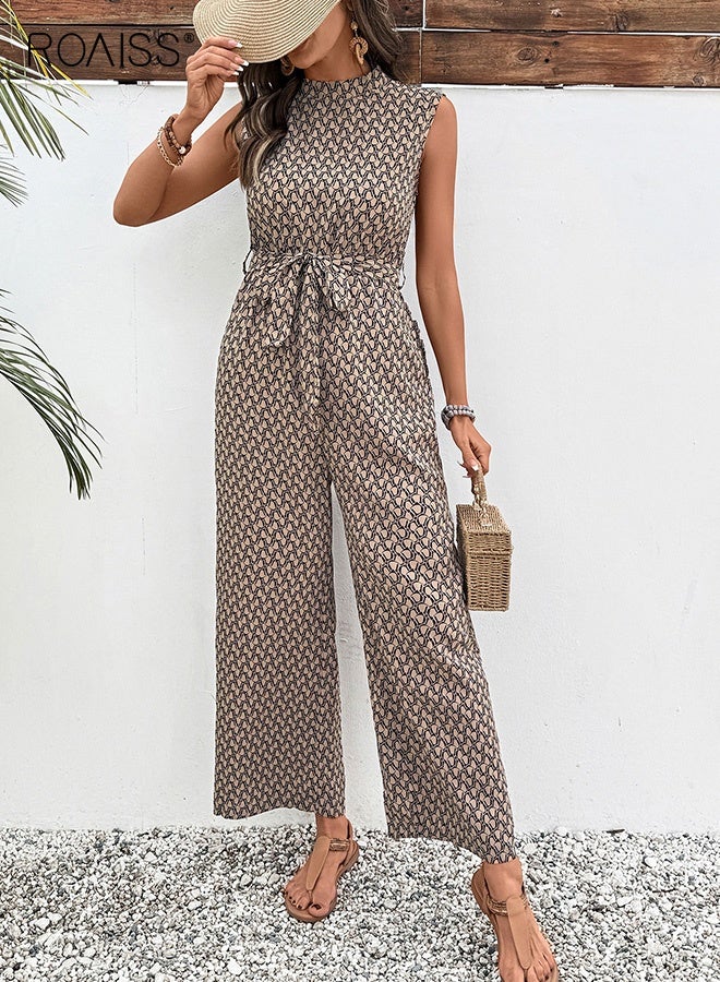 رويس جمبسوت نسائي أنيق متواضع بدون أكمام مع حزام قابل للتعديل، طباعة تجريدية فنية، تصميم خفيف الوزن بأرجل واسعة، جيوب عميقة، نسيج ممتاز، قابل للتهوية، مريح ومنعش - Image 1