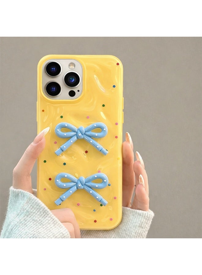 erorex Cute Yellow 3D Blue Bow Polka Dot Case for iPhone 15 Pro Shockproof Protective Cover - Image 2