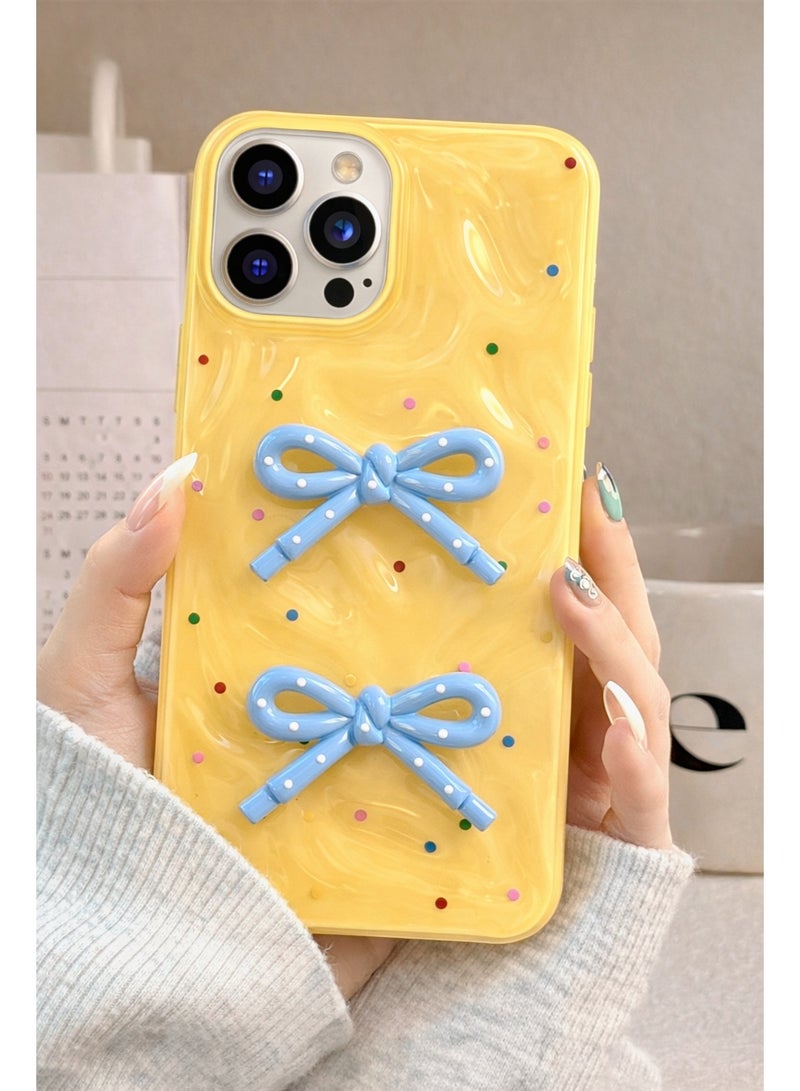 erorex Cute Yellow 3D Blue Bow Polka Dot Case for iPhone 15 Pro Shockproof Protective Cover - Image 1
