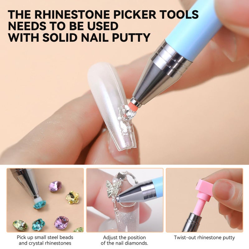 ESUOHYM 9 PCS Rhinestone Picker Tool Set,Rhinestone Applicator Wax Pencil for Nails,Gem Picker Tools and Tray,Adjustable Tweezers With Silicone Pressing Heads,Bedazzling Tools for Diy Design - Image 2