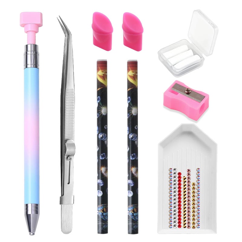ESUOHYM 9 PCS Rhinestone Picker Tool Set,Rhinestone Applicator Wax Pencil for Nails,Gem Picker Tools and Tray,Adjustable Tweezers With Silicone Pressing Heads,Bedazzling Tools for Diy Design - Image 1