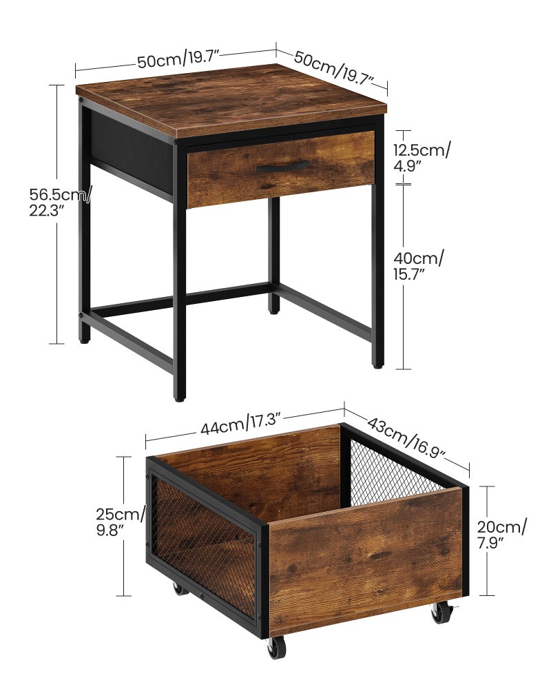 CHOEZON End Table, 19.7 Inch Square Side Table, Mini Fridge Stand with Storage, Nightstand with Mobile Basket Cart, for Living Room, Bedroom, Rustic Brown and Black TBZ55BF - Image 2