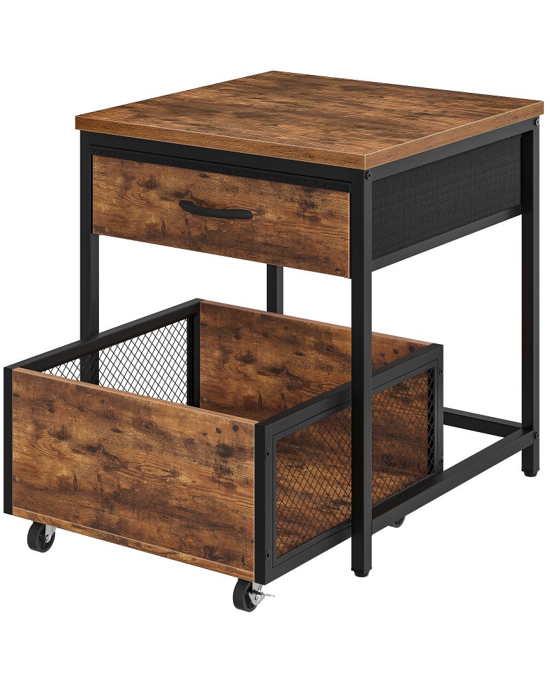 CHOEZON End Table, 19.7 Inch Square Side Table, Mini Fridge Stand with Storage, Nightstand with Mobile Basket Cart, for Living Room, Bedroom, Rustic Brown and Black TBZ55BF - Image 1