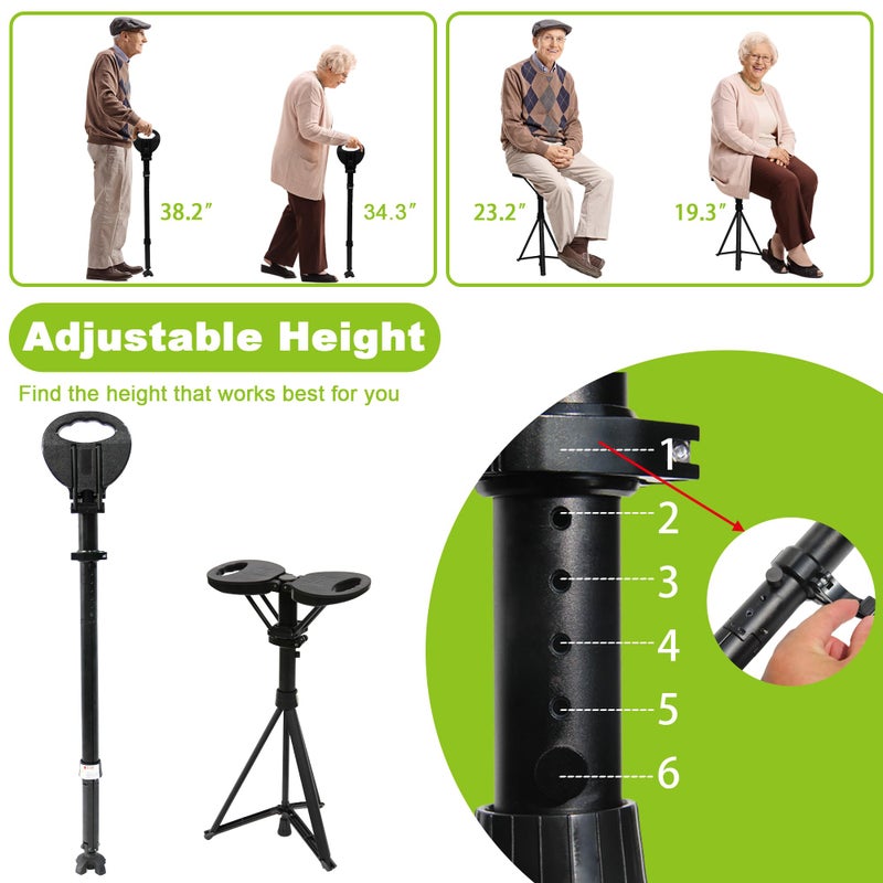 ALEVMOOM Upgraded Folding Canes with Seat Max Load 440lbs,Retractable Walking Stick with Seat,Adjustable Cane Chair with Cushion for Adults,Crutches Stool with Carry Bag for Hiking Traveling - Image 2