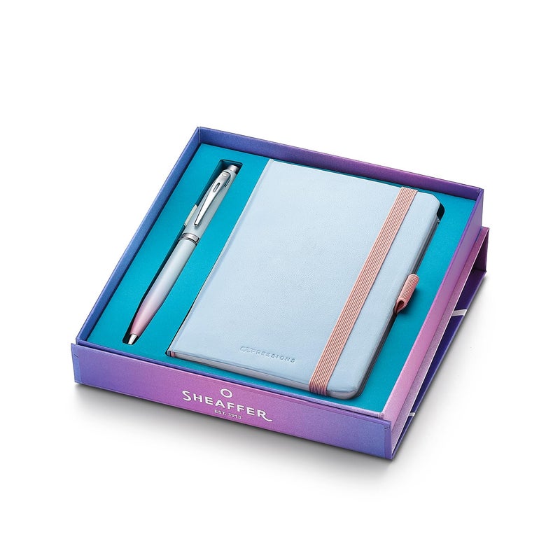 SHEAFFER طقم هدايا شيفر إكسبريشنز 100 9376 بتدرج لؤلؤي مع حواف كروم ودفتر صغير معدني فضي - Image 3