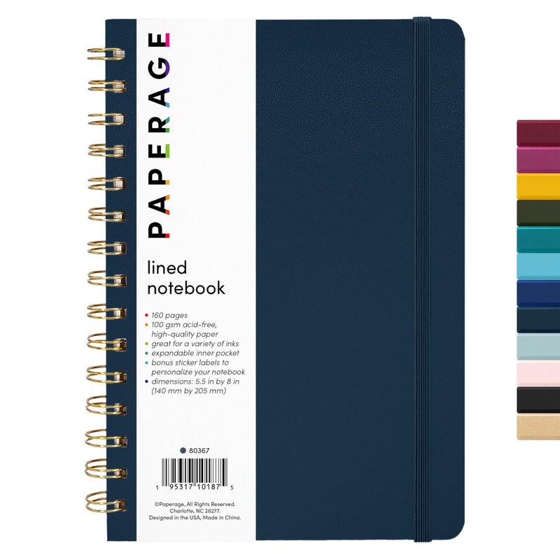 PAPERAGE Lined Spiral Journal Notebook, (Navy), 160 Pages, Hardcover Journal for Women & Men, Medium 5.5 in x 8 in - 100 GSM, Thick Paper, Spiral Notebook for Work, School & Journaling - Image 1