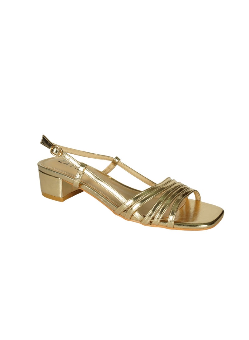 ZAYNA صنادل نسائية بكعب متوسط وحزام خلفي زينى - ذهبي - Image 1