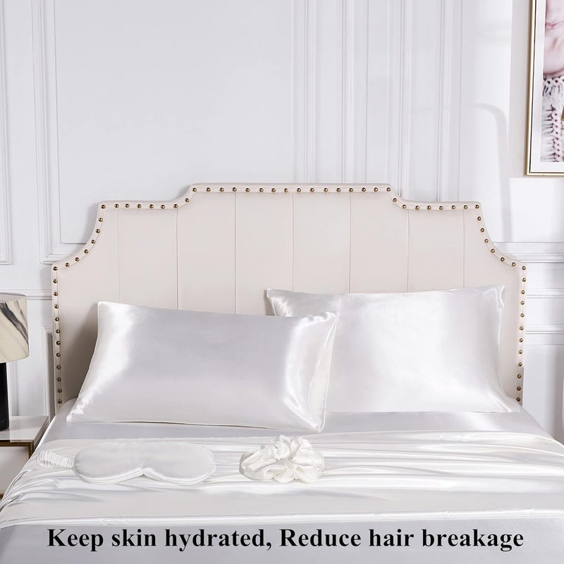 URLINENS Satin Pillowcase for Hair and Skin, Vegan Silk Pillowcase Set-2 Ivory Satin Pillowcases Queen Size, 1 Eye Mask, 1 Scrunchie-Luxury Sleep Set, White Pillow Cases with Envelope Closure - Image 3