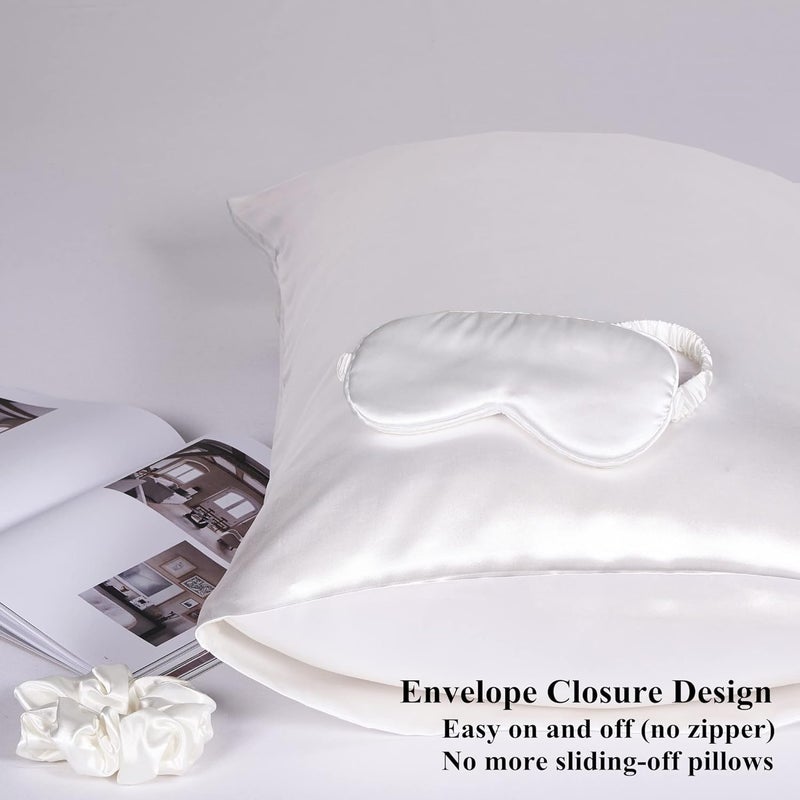 URLINENS Satin Pillowcase for Hair and Skin, Vegan Silk Pillowcase Set-2 Ivory Satin Pillowcases Queen Size, 1 Eye Mask, 1 Scrunchie-Luxury Sleep Set, White Pillow Cases with Envelope Closure - Image 4