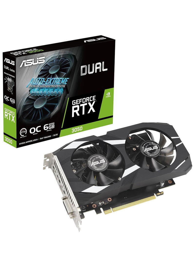ASUS Dual NVIDIA GeForce RTX 3050 6GB OC Edition Gaming Graphics Card - PCIe 4.0, 6GB GDDR6 Memory, HDMI 2.1, DisplayPort 1.4a, 2-Slot Design, Axial-tech Fan Design, 0dB Technology, Steel Bracket - Image 1