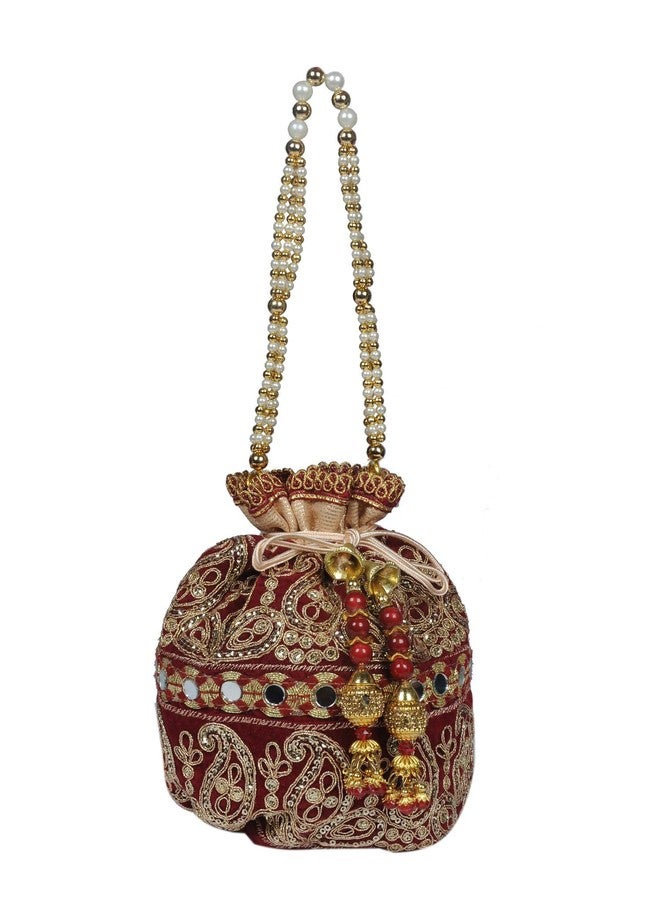 SuneshCreation Raw Silk Floral Ethnic Rajasthani Multicolor Embroidered Potli Bag Handbag, Wristlets, Clutch for Women, Girls with Handmade Color Maroon - Image 2