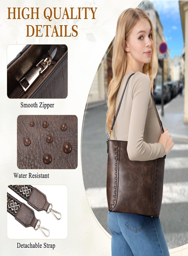RAVUO Handbag for Women, Ladies Retro Bucket Tote Vegan Leather Shoulder Crossbody Bag for Casual Business Work Coffee - Image 3