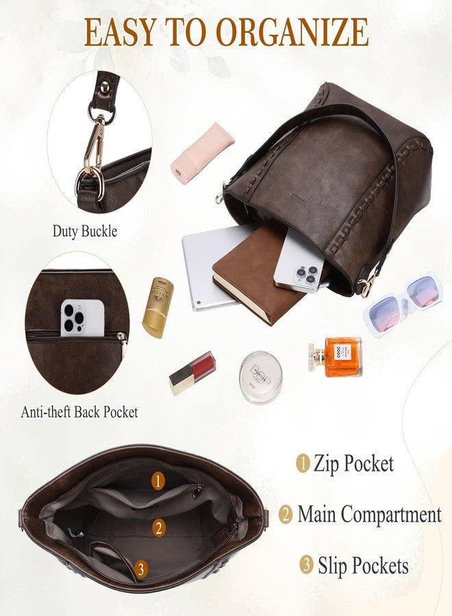 RAVUO Handbag for Women, Ladies Retro Bucket Tote Vegan Leather Shoulder Crossbody Bag for Casual Business Work Coffee - Image 4