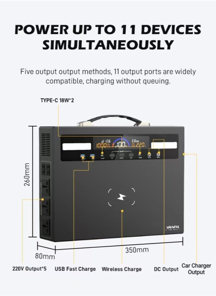VANPA - Portable Power Station 1000W Max 960WH Pure Sine Wave Lithium Battery AC 220V Output  Backup Powerbank Solar Generator For Camping - Image 1