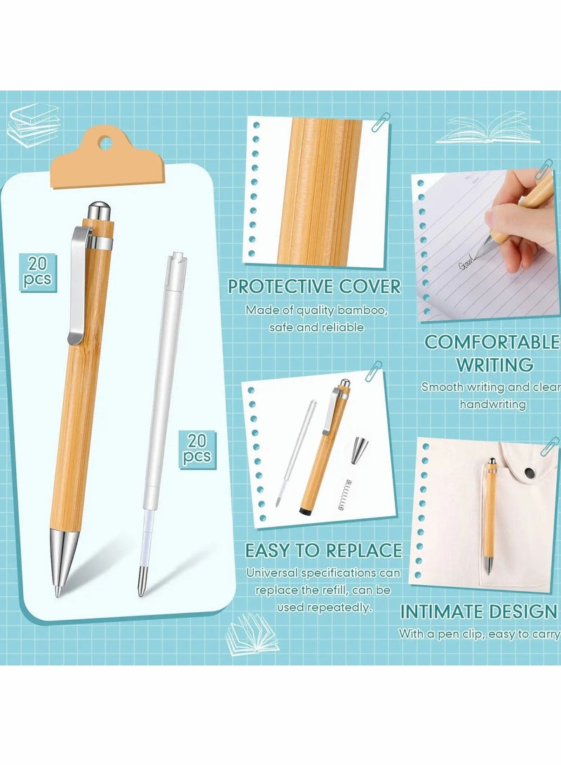 Bamboo Wooden Ballpoint Pen Laser Engraved DIY Pen Natural Wood Bamboo Pen Retractable Wooden Pens, Extra Black Ink Refills Journaling Pen Set for Back to School Supplies (20 Pcs) - Image 3