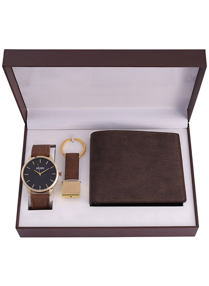 ANDIAMO Men's Analog Gold Case Black Dial Brown Leather Strap, Leather Wallet, Key Chain 