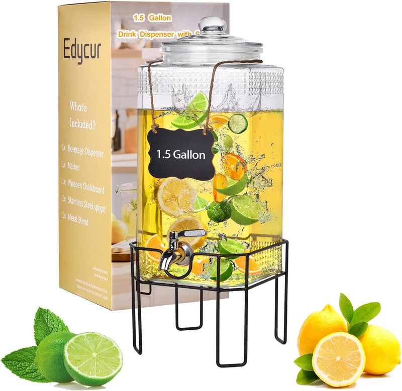 Edycur 1.5 Gallon Glass Drink Dispenser, Drink Dispensers for Parties, Beverage Dispenser with Stand and Glass Lid, 100% Leakproof Spigot, Ideal for Lemonade, Juice, Iced Tea, Laundry Detergent Dispenser - Image 1