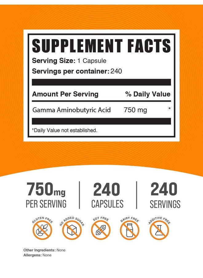 بالك سابلمنتس كبسولات حمض جاما أمينوبوتيريك من BulkSupplements.com - مكمل GABA، كبسولات GABA، GABA 750 مجم - نباتي وخالي من الجلوتين، كبسولة واحدة لكل وجبة، 240 كبسولة نباتية (عبوة من 1) - Image 2