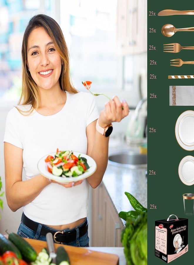 Neatiffy طقم أدوات المائدة البلاستيكية 225 قطعة بحافة ذهبية وردية (25 ضيف) | 25 × (طبق عشاء، طبق حلوى، أدوات مائدة بلاستيكية، كوب، منديل، قشة) | لحفل زفاف، حفلة فاخرة، حدث خاص - Image 5