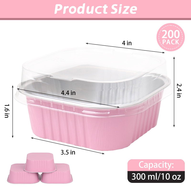 DeziWood 200 Pack 10 oz Pink Square Mini Cake Pans with Lids, Aluminum Foil Square Brownie Baking Cups for Ramekins Muffin Cupcake Wedding Birthday Party - Image 2