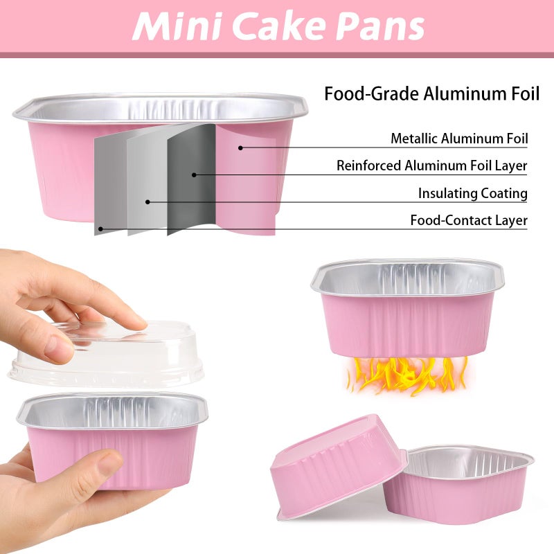 DeziWood 200 Pack 10 oz Pink Square Mini Cake Pans with Lids, Aluminum Foil Square Brownie Baking Cups for Ramekins Muffin Cupcake Wedding Birthday Party - Image 4