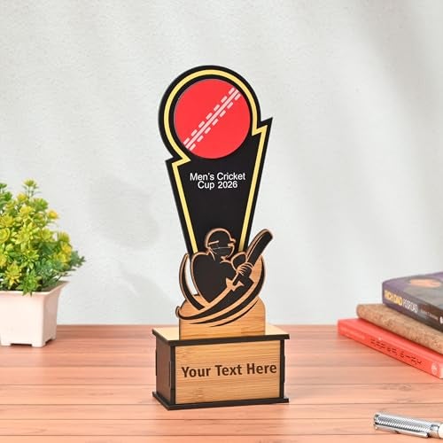 Gift Kya De كأس كريكيت خشبي من GKD للفائزين – تذكار كأس كريكيت للرجال للبطولات، الفعاليات الشركاتية ومسابقات المدارس | قابل للتخصيص بالملصقات (رجال 12 بوصة) - Image 1