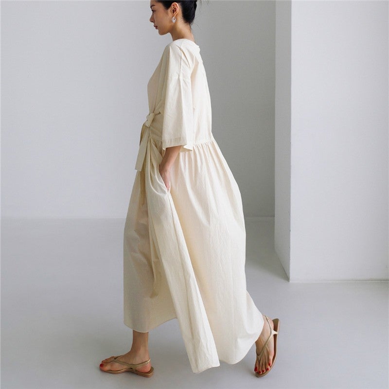 2023 Loose Large Size Dress Over the Knee Long Round Neck Pullover Base Style Student Lace-up Bow Doll Dress Apricot - Image 1