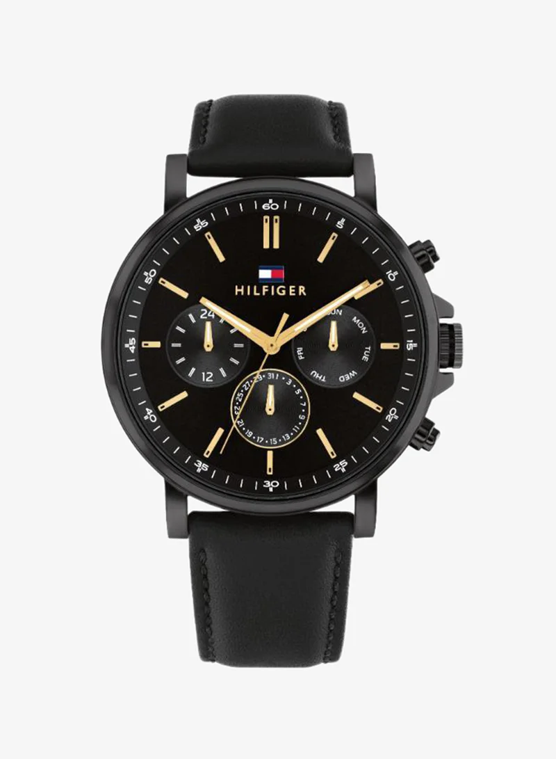 Mens Analog Multifunction Quartz Watch With Black Leather Strap - 1792144