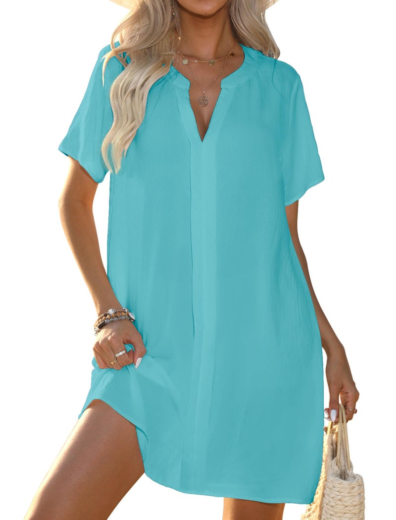 Halife Womens Swimsuit Coverups Sexy V Neck Bathing Suit Cover Ups Casual Loose Cover Up for Swimwear Blue Green S - Image 1