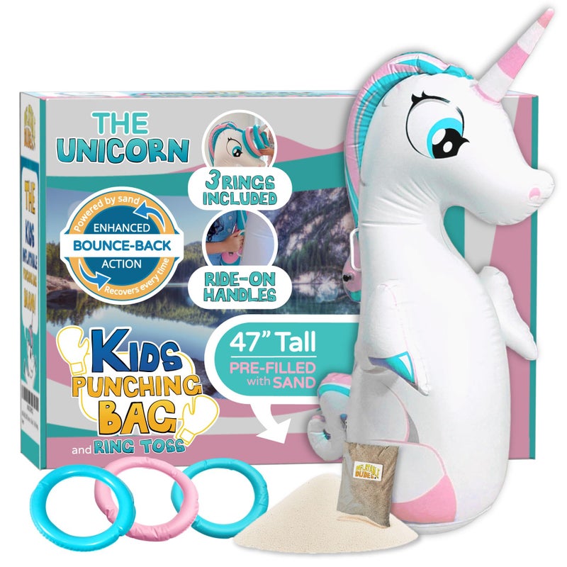 INFLATABLE DUDES Unicorn Toy 47 Inches- Kids Punching Bag| Already Filled with Sand | Bop Bag | Unicorn Ring Toss with 3 Inflatable Rings| | Unicorn Party Decorations| Punching Bag for Kids (Unique) - Image 1