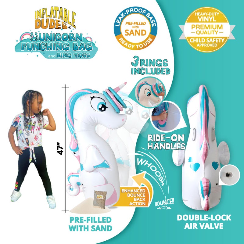 INFLATABLE DUDES Unicorn Toy 47 Inches- Kids Punching Bag| Already Filled with Sand | Bop Bag | Unicorn Ring Toss with 3 Inflatable Rings| | Unicorn Party Decorations| Punching Bag for Kids (Unique) - Image 3