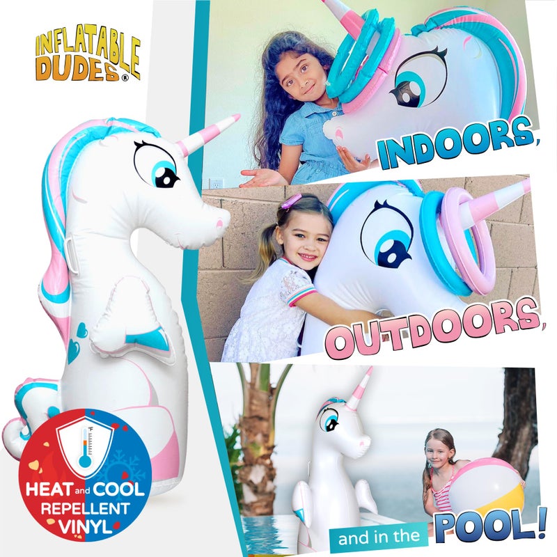 INFLATABLE DUDES Unicorn Toy 47 Inches- Kids Punching Bag| Already Filled with Sand | Bop Bag | Unicorn Ring Toss with 3 Inflatable Rings| | Unicorn Party Decorations| Punching Bag for Kids (Unique) - Image 2